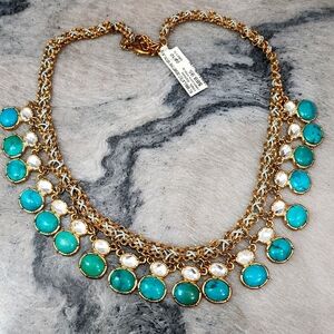 NWT Gold Chain Necklace with Turquoise and White Stones